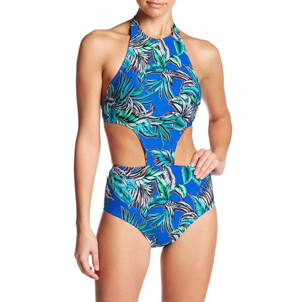 Shoshanna Monokini One Piece Halter Top Swimsuit Blue Tropical Print Sz 2